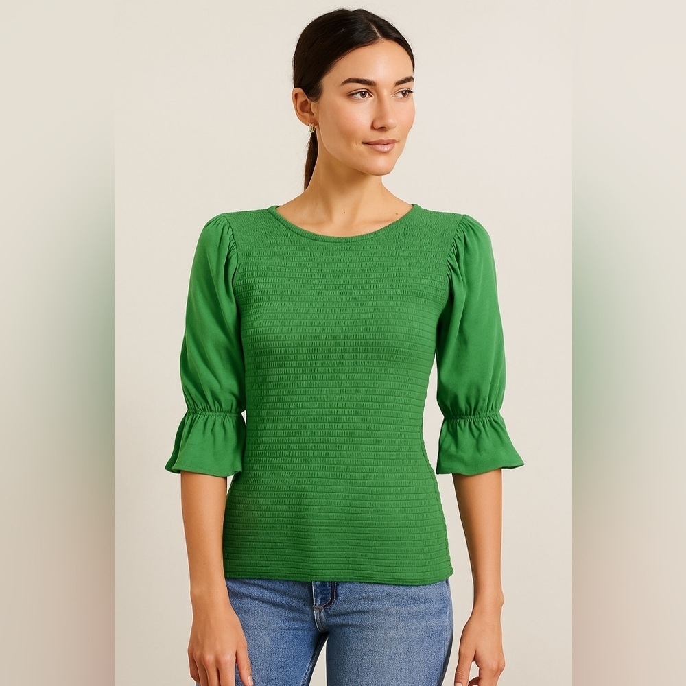 Nation LTD Green Pima Cotton Smocked Top Size XS Puff Sleeve Casual Chic